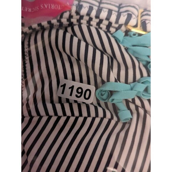 PINK Victoria Secret bikini swim TOP Striped & Aqua fringe halter Size Small - Picture 13 of 14